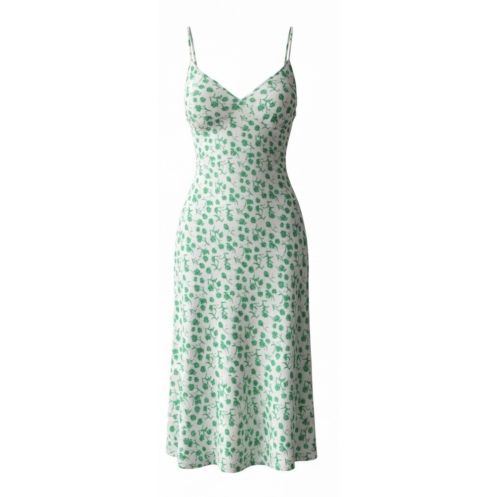Zara Womens Green Floral Slip Dress Midi Spaghetti Strap V-Neck Size Large